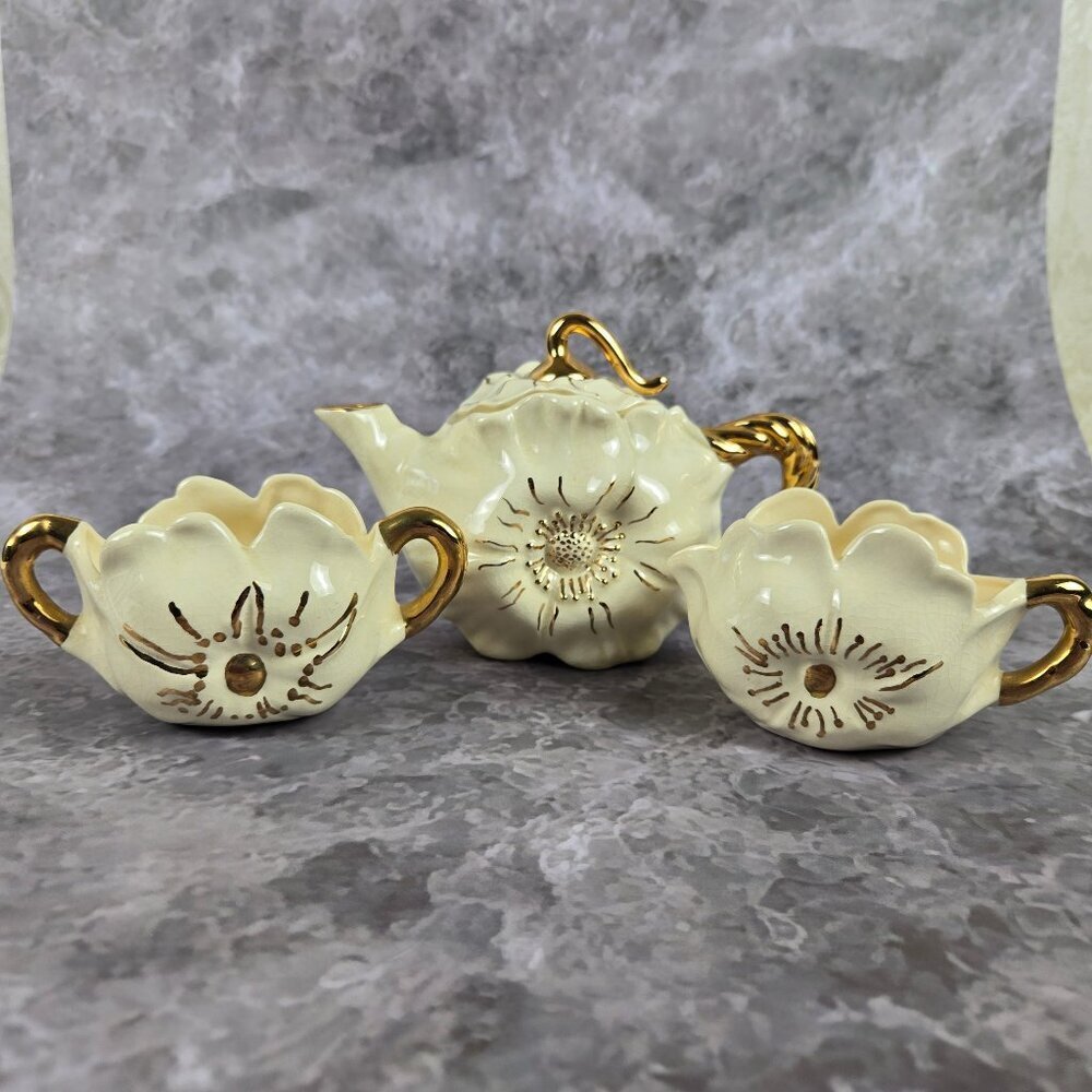 Vintage Bauer 3 Piece Set Teapot, Sugar Bowl, Creamer Cream Gold Poppy Flower